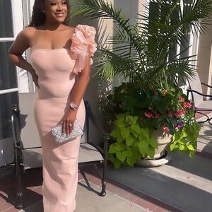 Fashion Nova One-Shoulder Blush Pink Evening Dress with Ruffled Sleeve Worn 2x